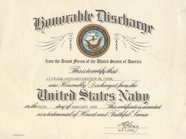 Capt. Len's honorable discharge from the Navy
