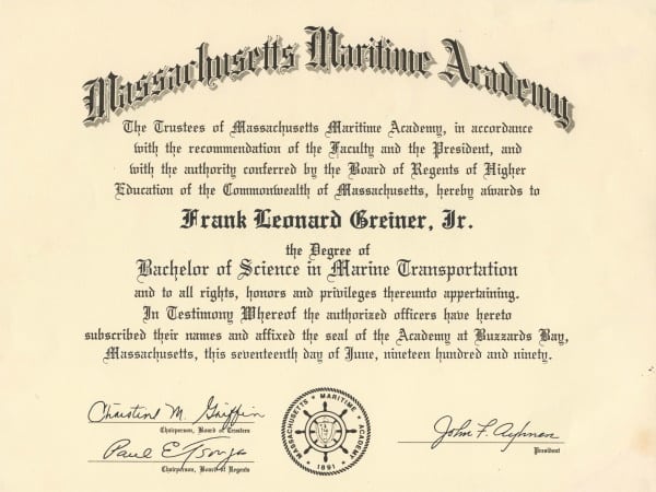Capt. Len's diploma from the Massachusetts Maritime Academy